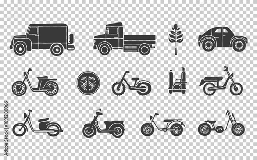 A collection of various vehicle silhouettes including vans, trucks, bikes, and cars arranged in a grid format, suitable for graphic design projects or educational materials.