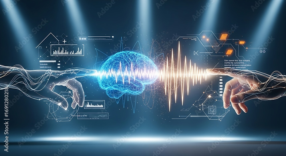 Naklejka premium Mindfulness and focus concept. A hologram of chaotic brainwaves becomes calm and synchronized with a touch, symbolizing a state of focus.