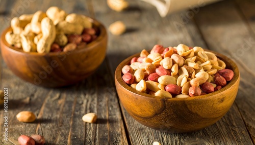 Roasted peanuts in wooden bowls