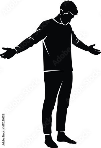 A black silhouette of a man standing with outstretched arms and a bowed head in a gesture of questioning or surrender.