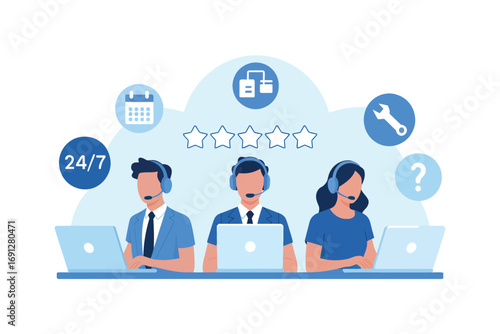 Diverse customer support team providing assistance with call center operations and technical services