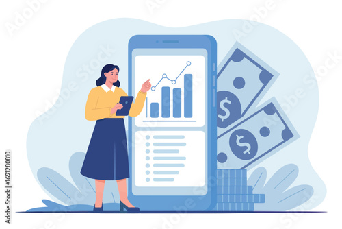 Business woman analyzing financial charts on a smartphone screen with cash and plant elements representing growth and success