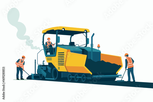 Yellow asphalt paver machine and construction workers laying down asphalt for road building project