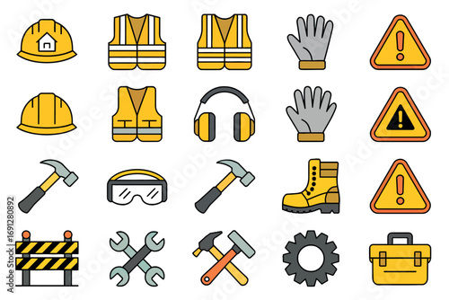 Essential construction safety equipment icons set for industrial and building projects workwear personal protective gear