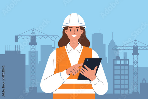 Female construction engineer or architect inspecting project site with tablet surrounded by cityscape and cranes
