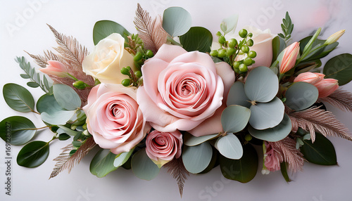 Elegant Floral Arrangement With Blush Pink Magnolias And Sage Green Roses Eucalyptus And Berries