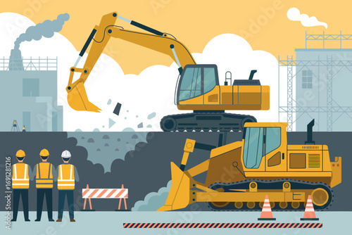 Construction site scene with excavator bulldozer workers and warning signs flat design style for industrial projects