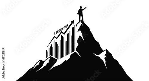 Silhouette of a person reaching the summit of a mountain, symbolizing achievement and upward growth.