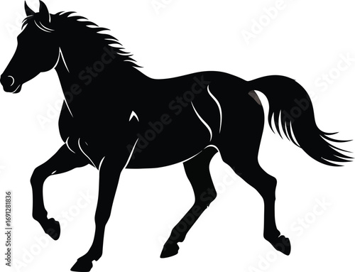 Black silhouette of a majestic horse trotting with its head held high and tail flowing, showcasing grace and power.