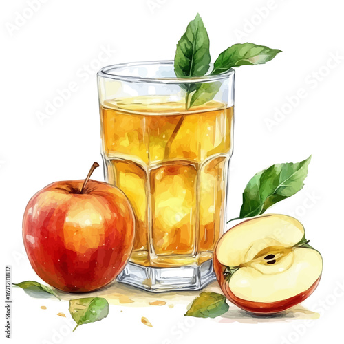 Apple Juice, watercolor painting vector, isolated on a white background.