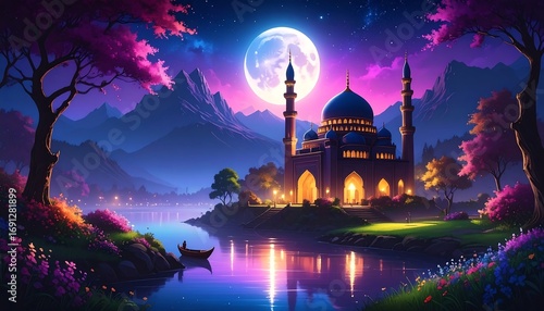 Fototapeta Naklejka Na Ścianę i Meble -  Nighttime mosque by a lake