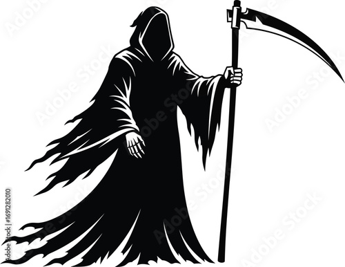 Grim Reaper illustration, cloaked figure holding a scythe, symbolizing death and mortality.