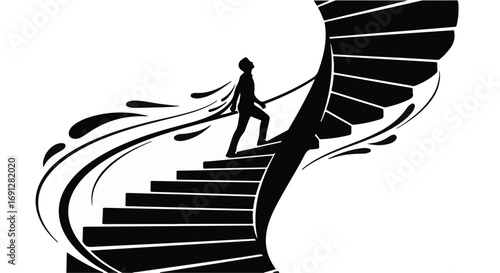 Silhouette of a person ascending a spiral staircase towards light, symbolizing progress and ambition.