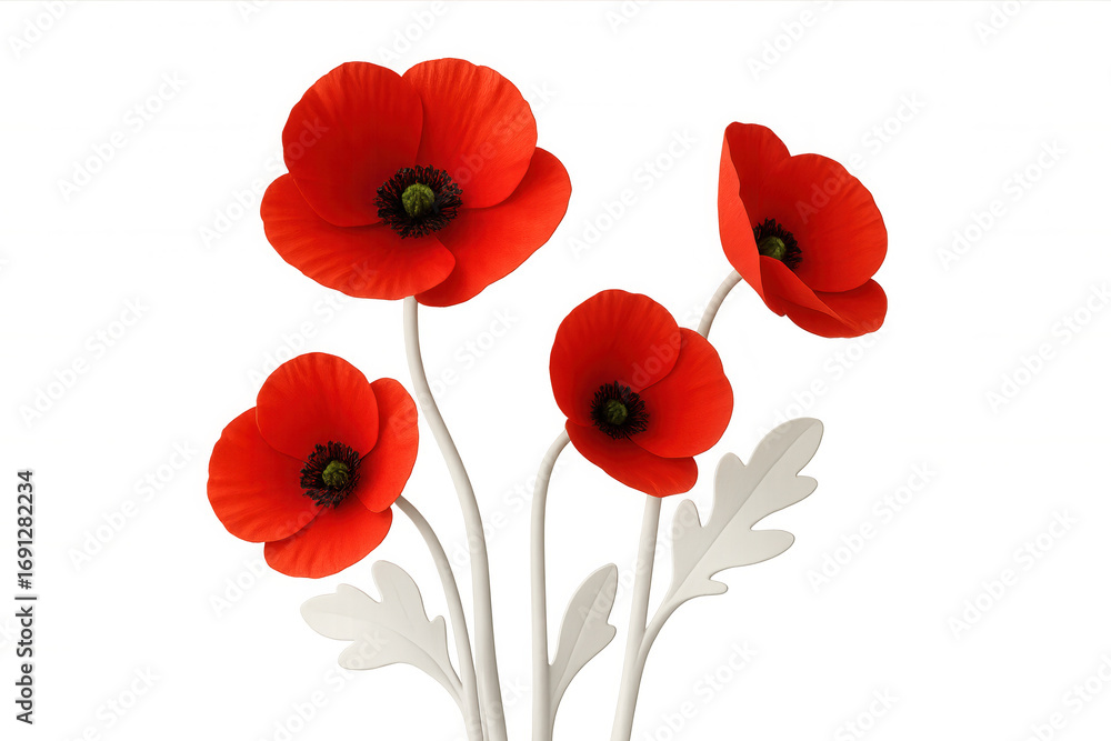 Obraz premium Four red poppies blooming with white stems and white leaves are featured on a transparent background