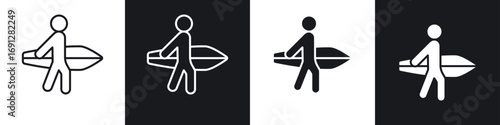 Surfer icons in flat and thin stroke style