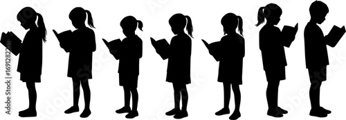 Children reading books in line silhouette vector
