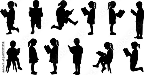 Children reading books in line silhouette vector
