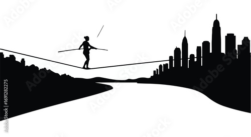 Woman balancing on tightrope with city skyline background, symbolizing risk and ambition