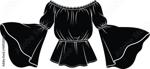 A black off-the-shoulder peasant blouse with long, dramatic bell sleeves and a cinched waist.