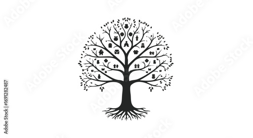 Symbolic tree of life illustration with icons representing knowledge and growth.