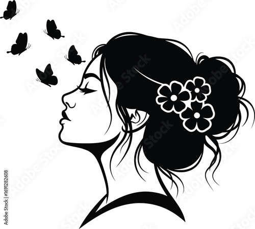 Profile view of a woman with flowers in her bun, surrounded by butterflies, in a serene pose.