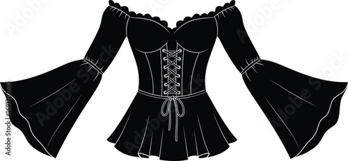 Black off-shoulder peasant top with long bell sleeves and lace-up corset bodice.