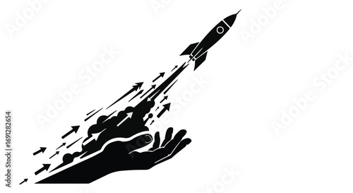 Rocket launching from an open hand, symbolizing innovation and progress.