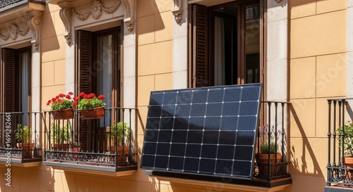 Glossy black solar panel on a small balcony of a traditional Spanish house in Madrid with flowered balconies
