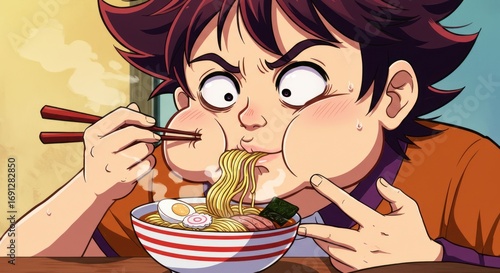 A hungry anime character eating a steaming bowl of Japanese ramen with a comical, gluttonous expression