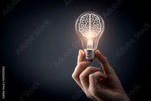 Hand holds glowing brain lightbulb on dark gradient. Represents idea, innovation for presentations, website headers, or social media.