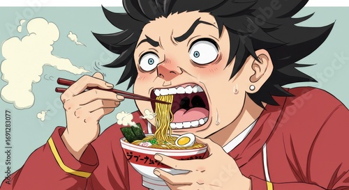 Expressive anime character with a comical face greedily devouring a steaming hot bowl of Japanese ramen noodles