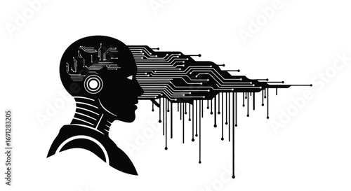 Futuristic AI head with glowing circuits symbolizing artificial intelligence and data flow