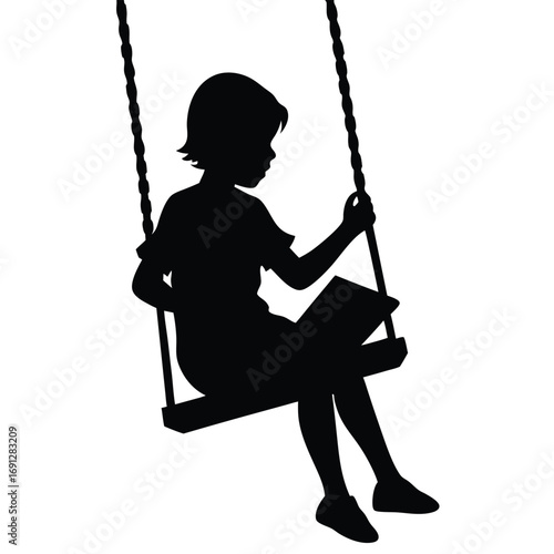 Child Sitting on Swing Reading Book Vector