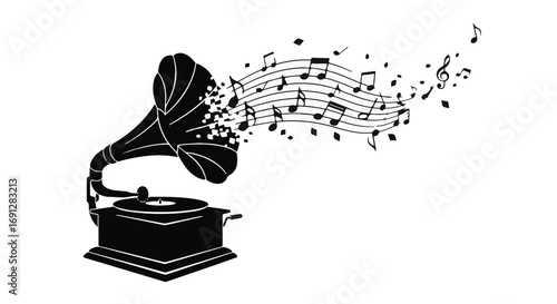 Vintage gramophone elegantly releasing a stream of musical notes into the air.