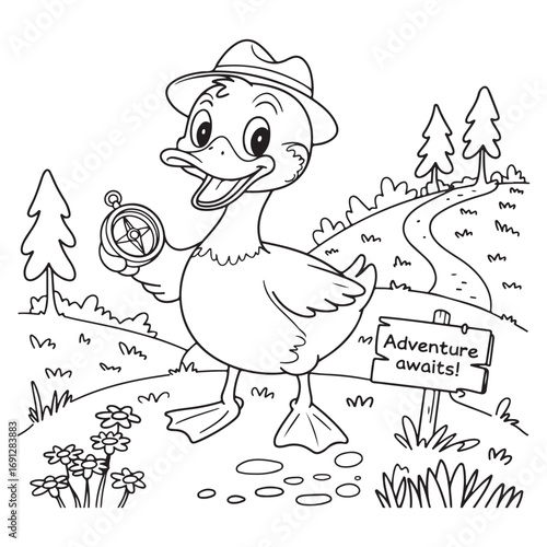Cute Duck Coloring Pages with Black
 and white vector illustration