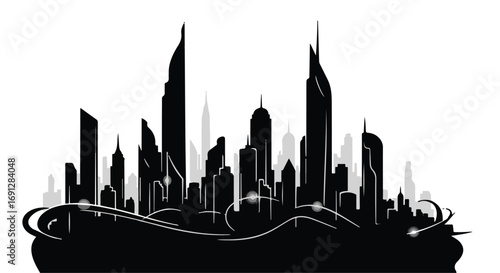 Modern city skyline silhouette against a white background, showcasing futuristic architecture and dynamic lines.