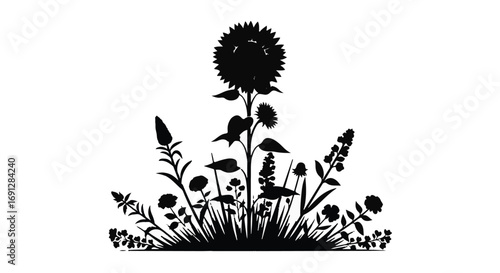 Whimsical silhouette of wildflowers and a tall sunflower, evoking nature's beauty and growth.