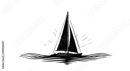 Sleek sailboat glides across rippling water under a radiant sun.