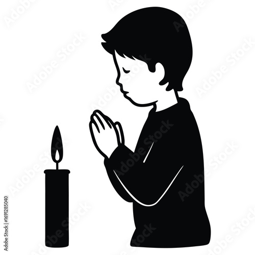 Child Boy Praying in Front of Candle Vector