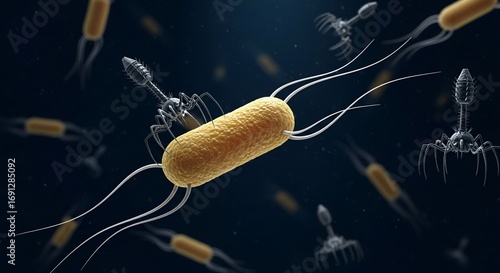 Microscopic battle unfolds as bacteriophages attack a rod-shaped bacterium in a dark, scientific realm