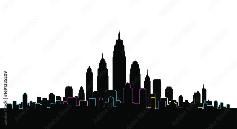 Fototapeta premium Vibrant city skyline silhouette with colorful architectural details at dusk