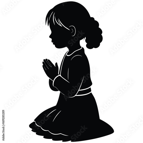 Little Girl Praying Outdoors Silhouette Vector