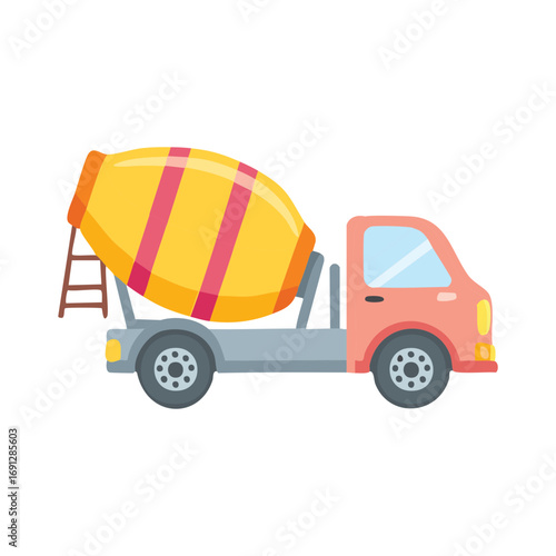 A colorful cement mixer truck, essential for construction projects