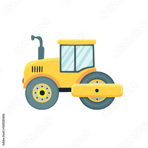 A vibrant yellow road roller, a symbol of construction and infrastructure, ready for its work