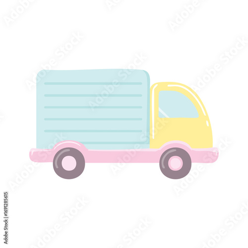 A charming illustration of a delivery truck, designed with pastel colors. The truck suggests the idea of transport and shipping
