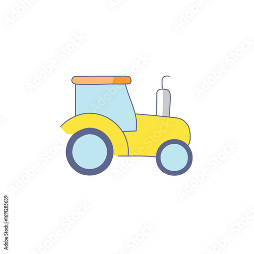 An illustrated yellow tractor with large wheels and a glass windshield. The tractor is rendered in a modern, simplified style, perfect for design projects