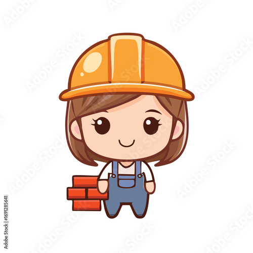An adorable cartoon of a female construction worker with a smiling face, holding some bricks, ready for action