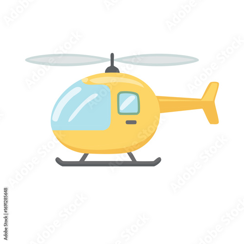 A cheerful illustration of a yellow helicopter with a simplistic design. The helicopter is depicted in a vibrant, flat style with a friendly appearance.
