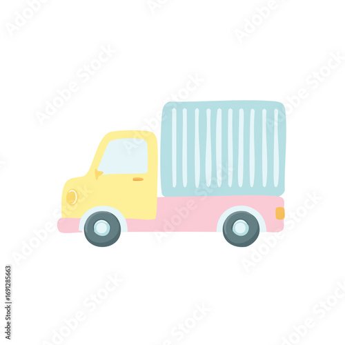 A colorful illustration of a truck carrying a container, ideal for conveying transportation, delivery, and logistics concepts.