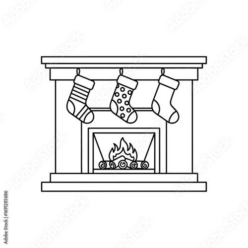 Outline of a Fireplace with Christmas Stockings and Burning Logs